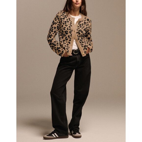 Women Cotton Blend Leopard Print Cardigan Open Front Long Sleeve Sweater - Picture 5 of 5